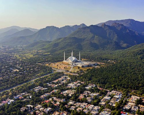 Shah Faisal mosque is the masjid in Islamabad, Pakistan. Located on the foothills of Margalla Hills. The largest mosque design of Islamic architecture, Mosque Drone Footage